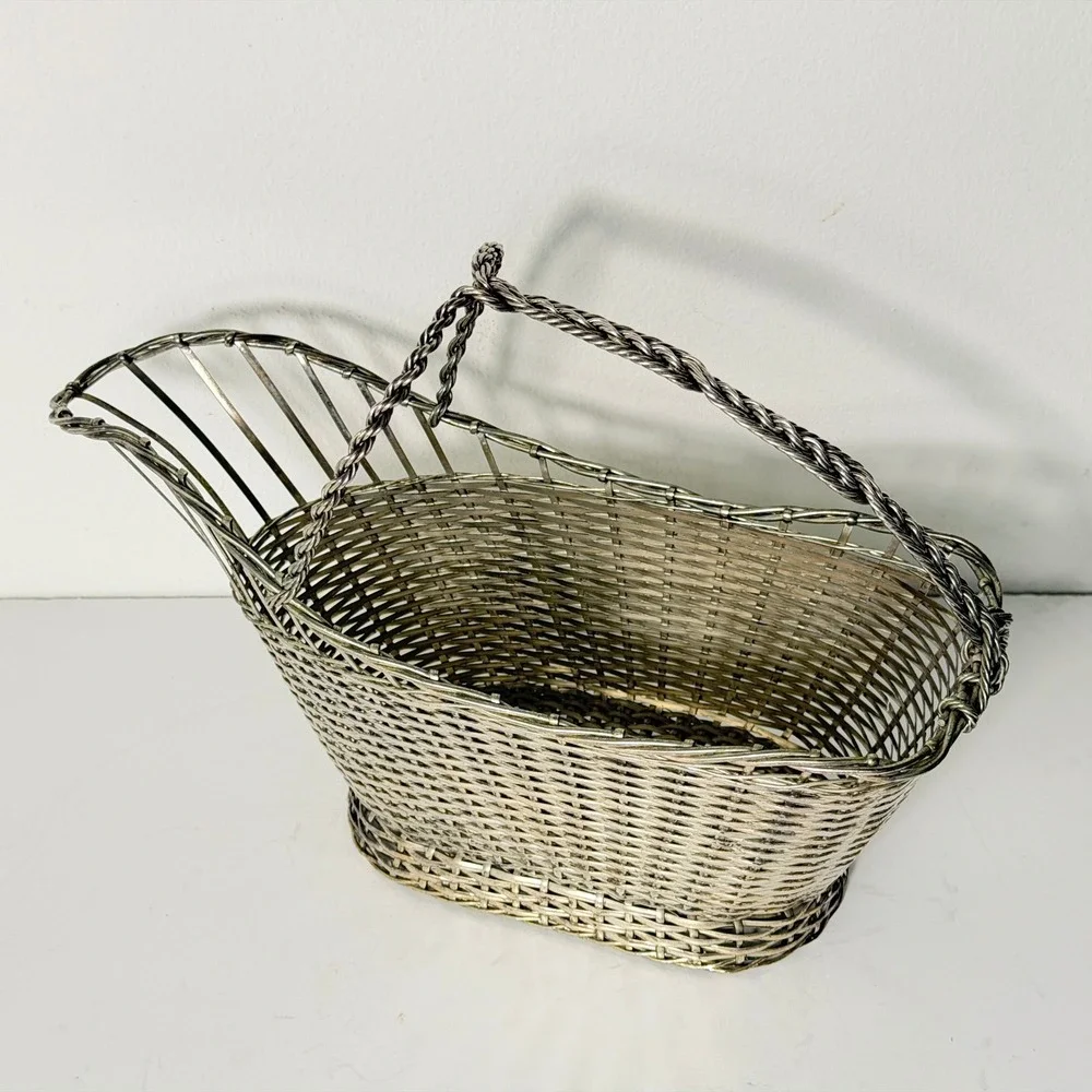 Vintage Japan Silver Plate Woven Wire Wine Bottle Basket Holder Braided Handle